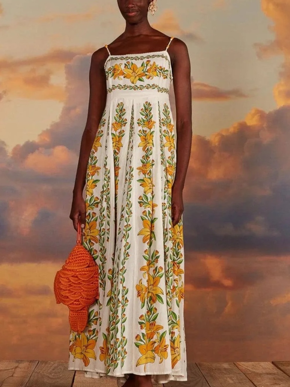 NWT FARM Rio Tropical Lightness Beaded Strap Maxi Dress Flowing Lily Flowers S